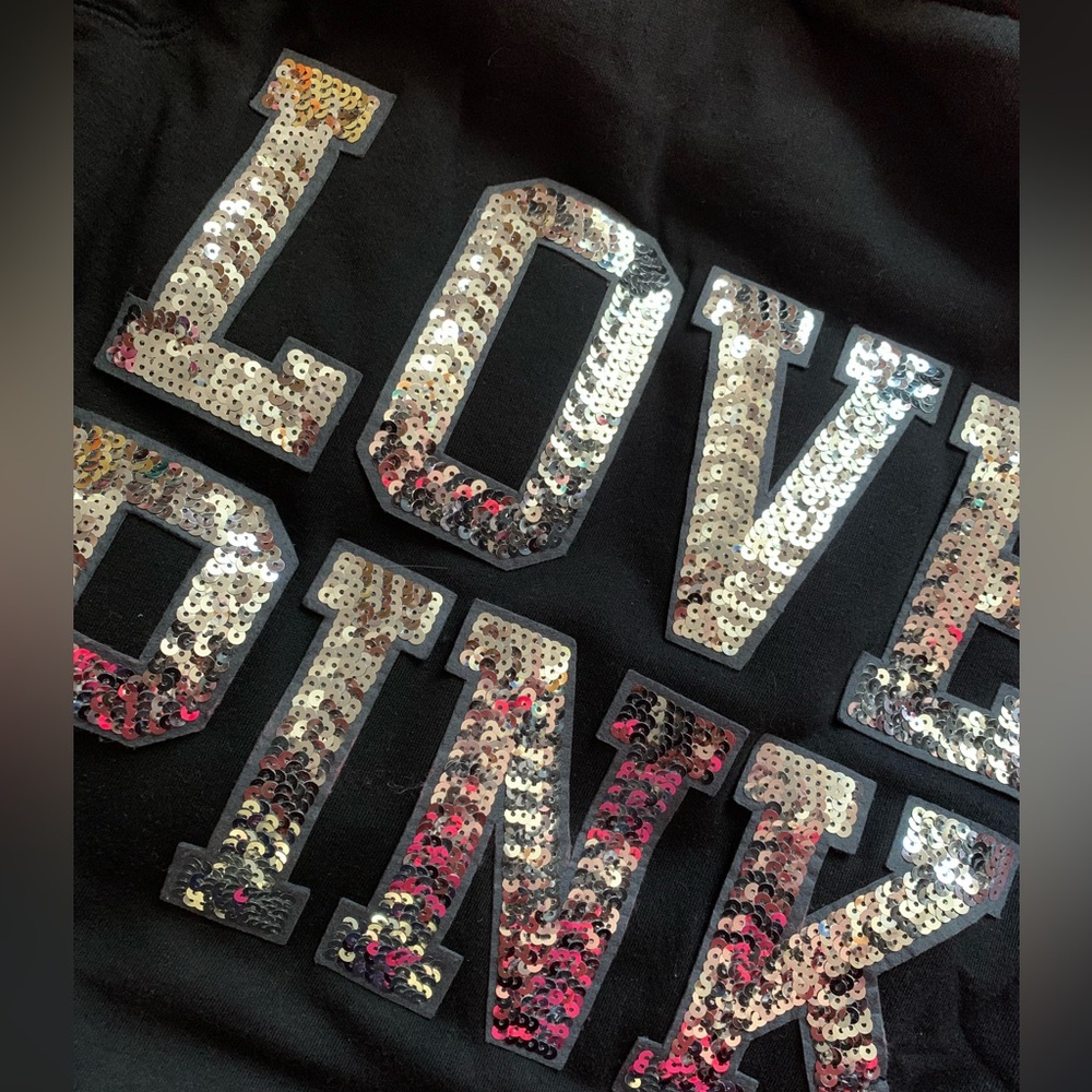RARE SEQUINED FAUX FUR LINED PINK Victoria's Secret Black Hoodie New No tags - Picture 2 of 6
